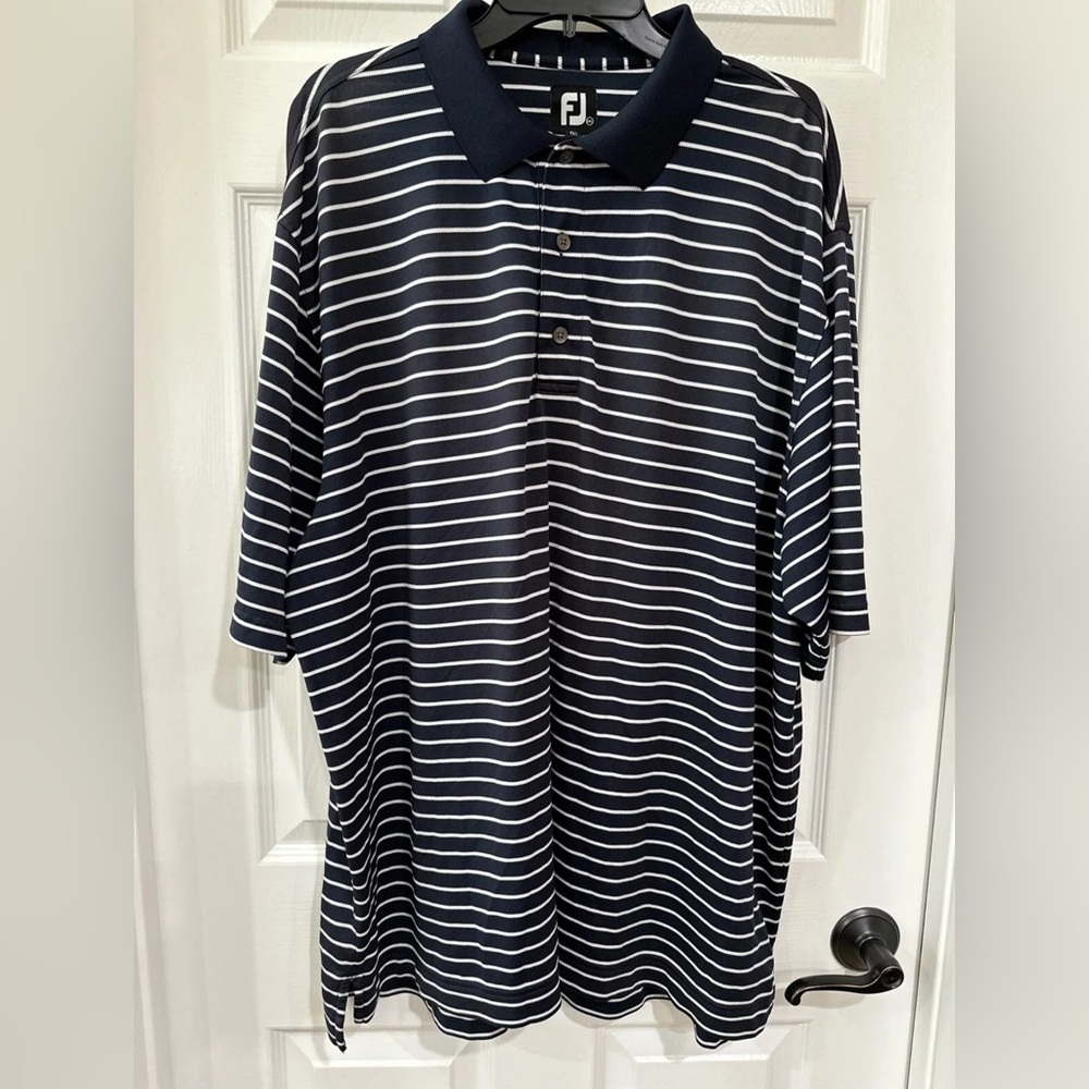 FJ FootJoy Men's XXL Short Sleeve Golf Polo Shirt Navy Blue White Stripe